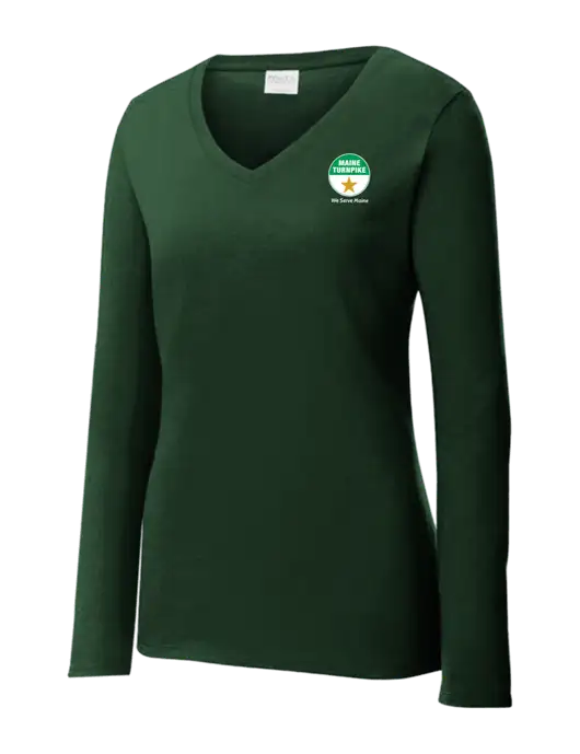 Womens  V-Neck Ring Spun Forest Green 4.5 oz Long Sleeve T-Shirt w/MTA Turnpike Logo