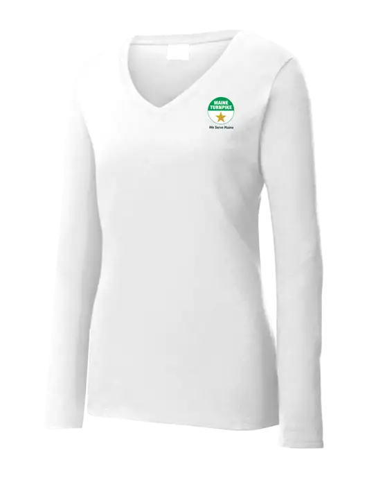 Womens  V-Neck Ring Spun White 4.5 oz Long Sleeve T-Shirt w/MTA Turnpike Logo