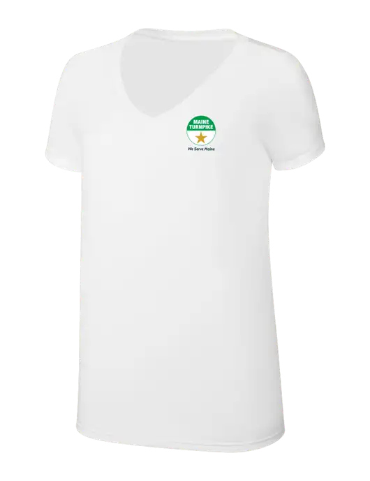Womens Simply Soft V-Neck White 4.5oz  Poly/Combed Ring Spun Cotton T-Shirt w/MTA Turnpike Logo