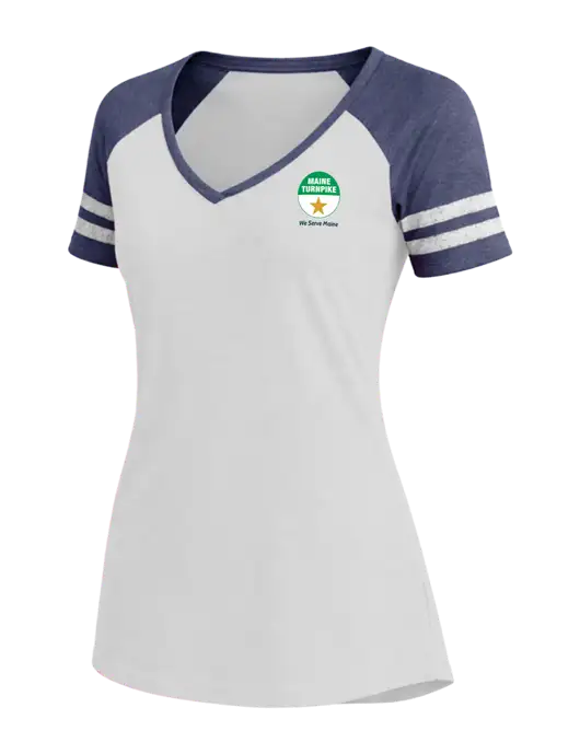 Womens White/Navy Heather V-Neck Game Tee w/MTA Turnpike Logo