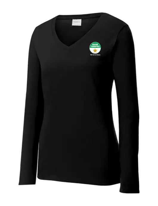 Womens V-Neck Ring Spun Jet Black 4.5 oz Long Sleeve T-Shirt w/MTA Turnpike Logo