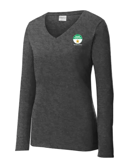 Womens  V-Neck Ring Spun Dark Heather Grey 4.5 oz Long Sleeve T-Shirt w/MTA Turnpike Logo